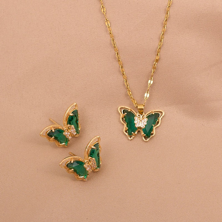 Conjunto de Joyería Mariposa con Circonio Púrpura en Oro 18 K