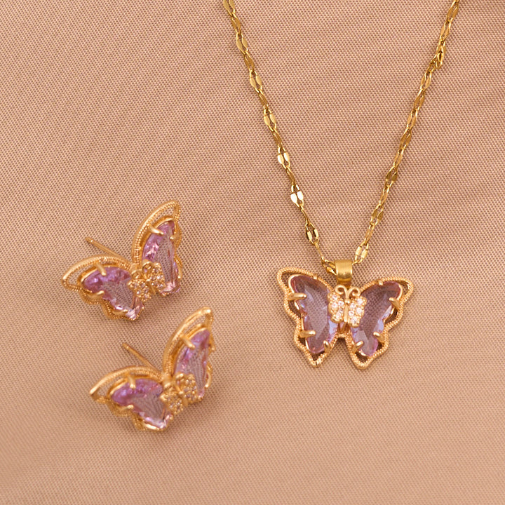 Conjunto de Joyería Mariposa con Circonio Púrpura en Oro 18 K