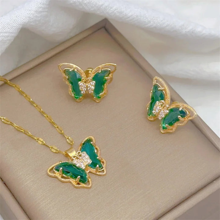 Conjunto de Joyería Mariposa con Circonio Púrpura en Oro 18 K